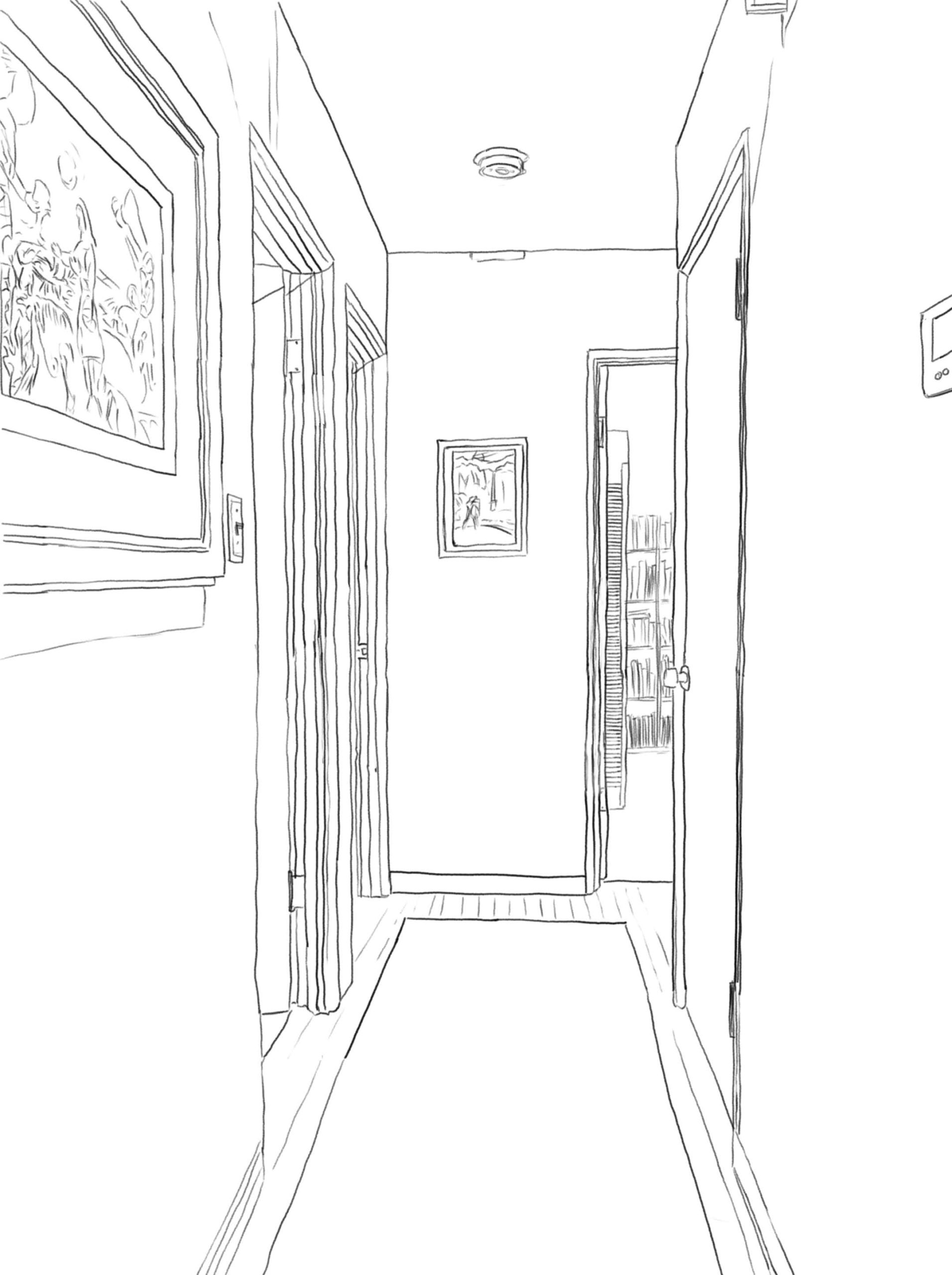 Digital drawing of that same short hallway