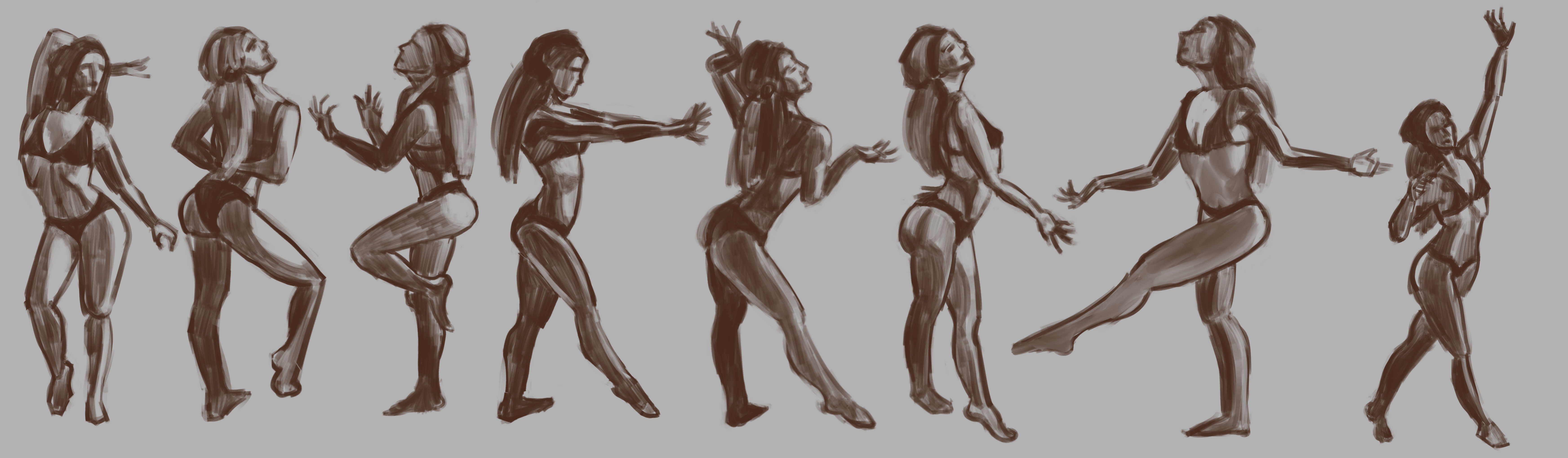 8 monochrome figure studies of a woman in a variety of poses