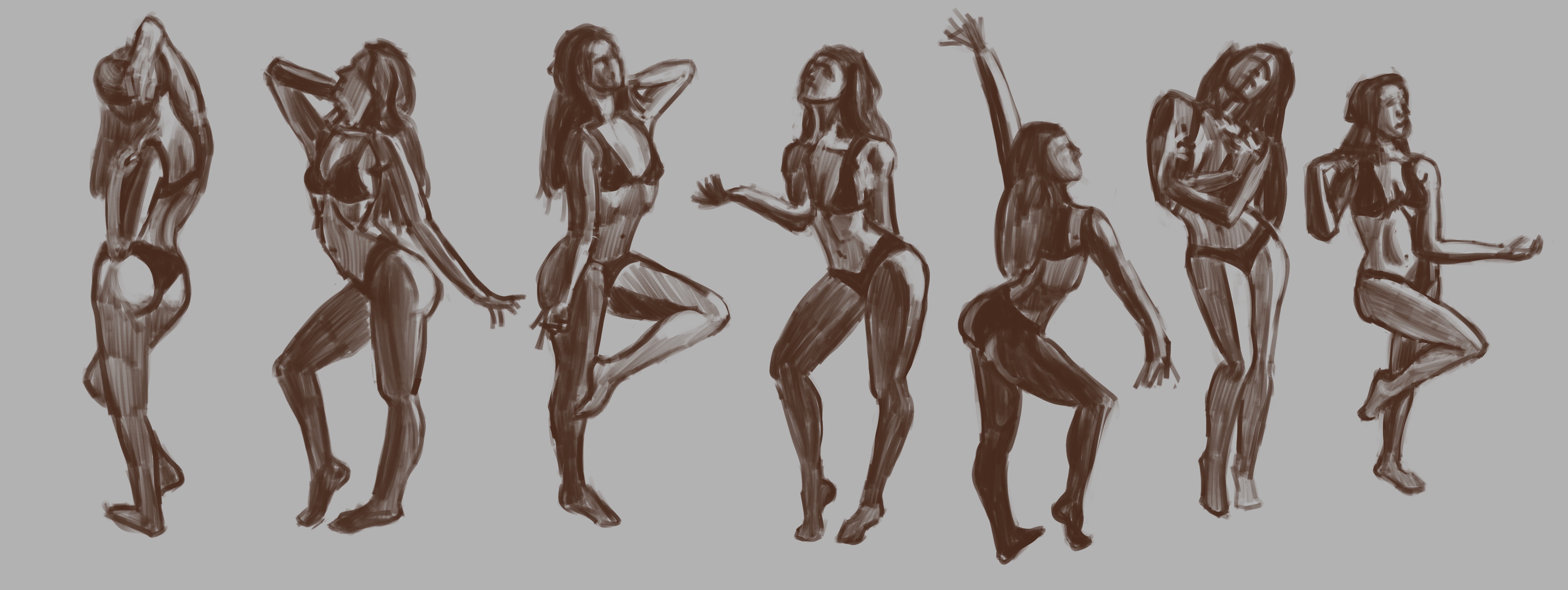 7 monochrome figure studies of a woman in a variety of poses