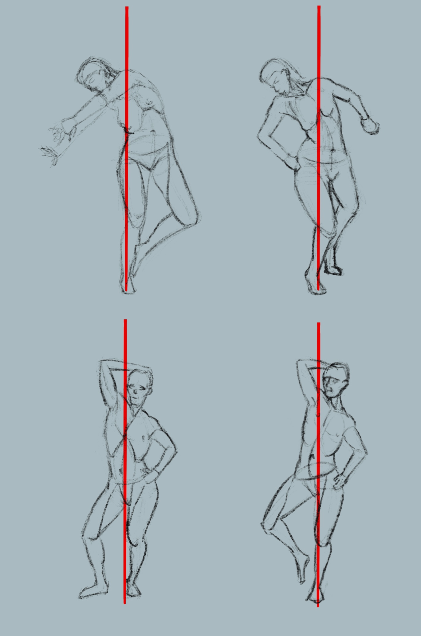 Two pairs of figure drawings again focused on balance. The left column is drawn from reference. The right column challenged me to shift the balance around on those poses