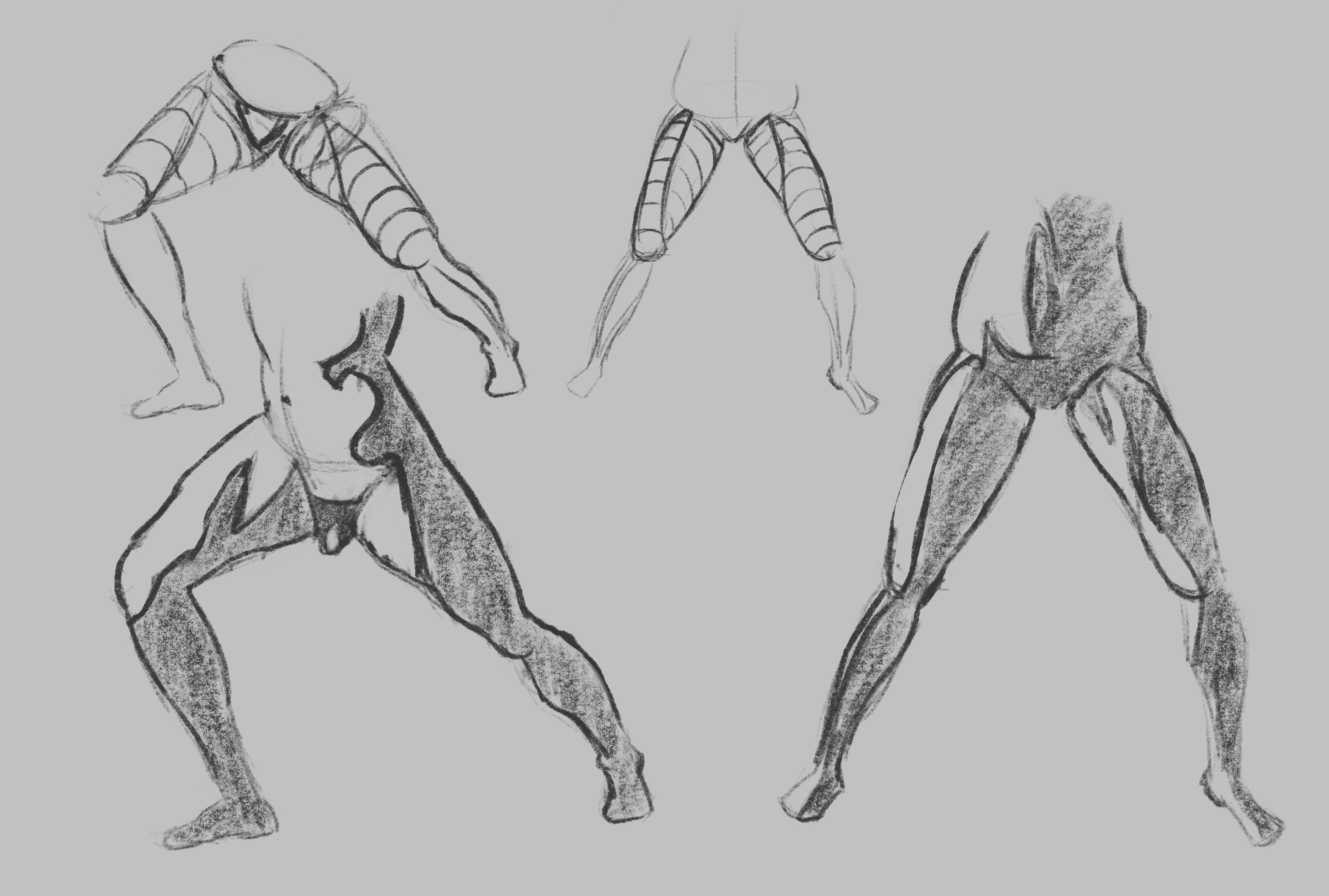 2 views each of 2 figure studies focused on hips and thighs, in pencil. Contour diagrams showing a simplified pelvis and thigh muscles, and then simple shaded figure drawings