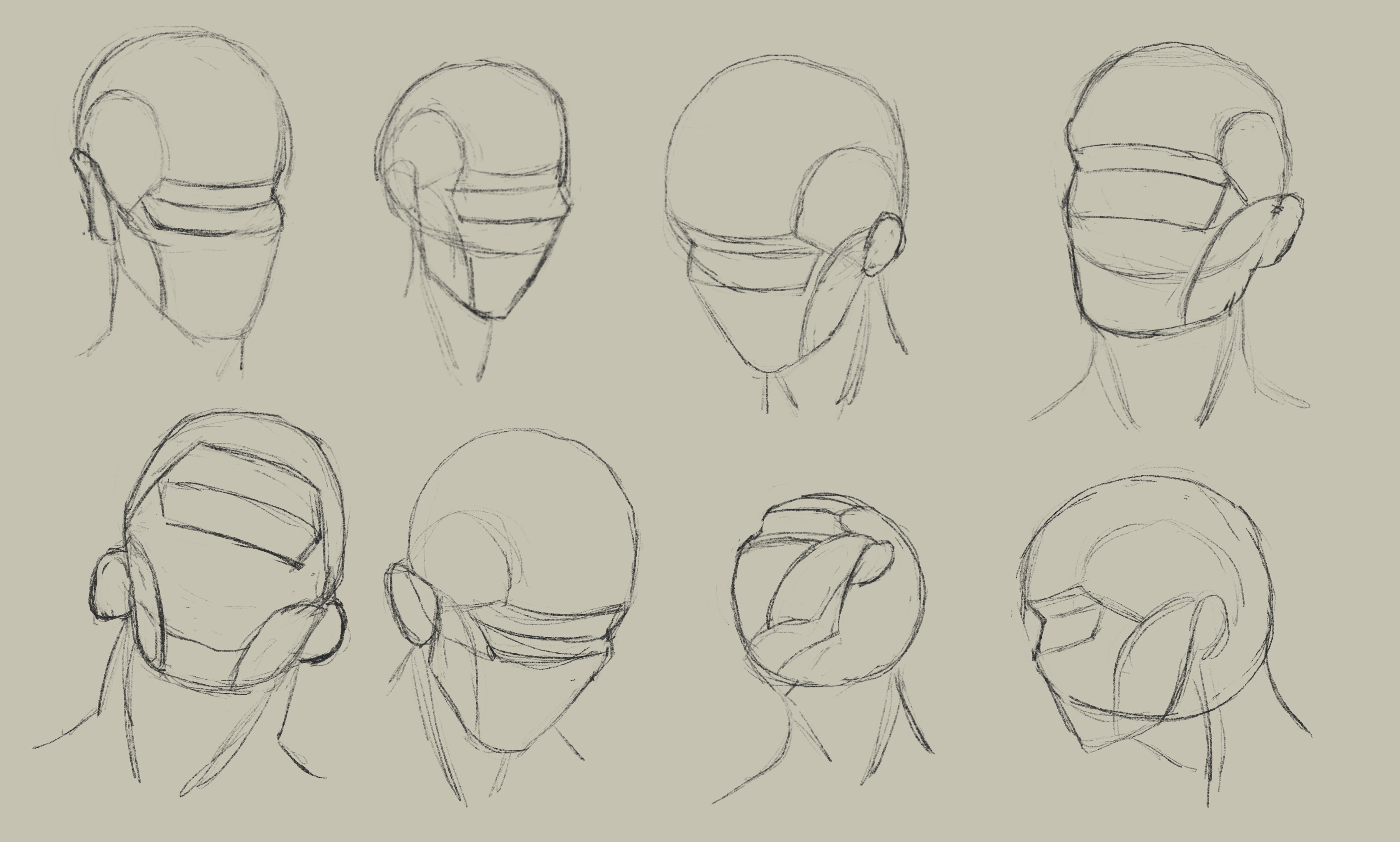 8 freehand sketches of simplified head shapes