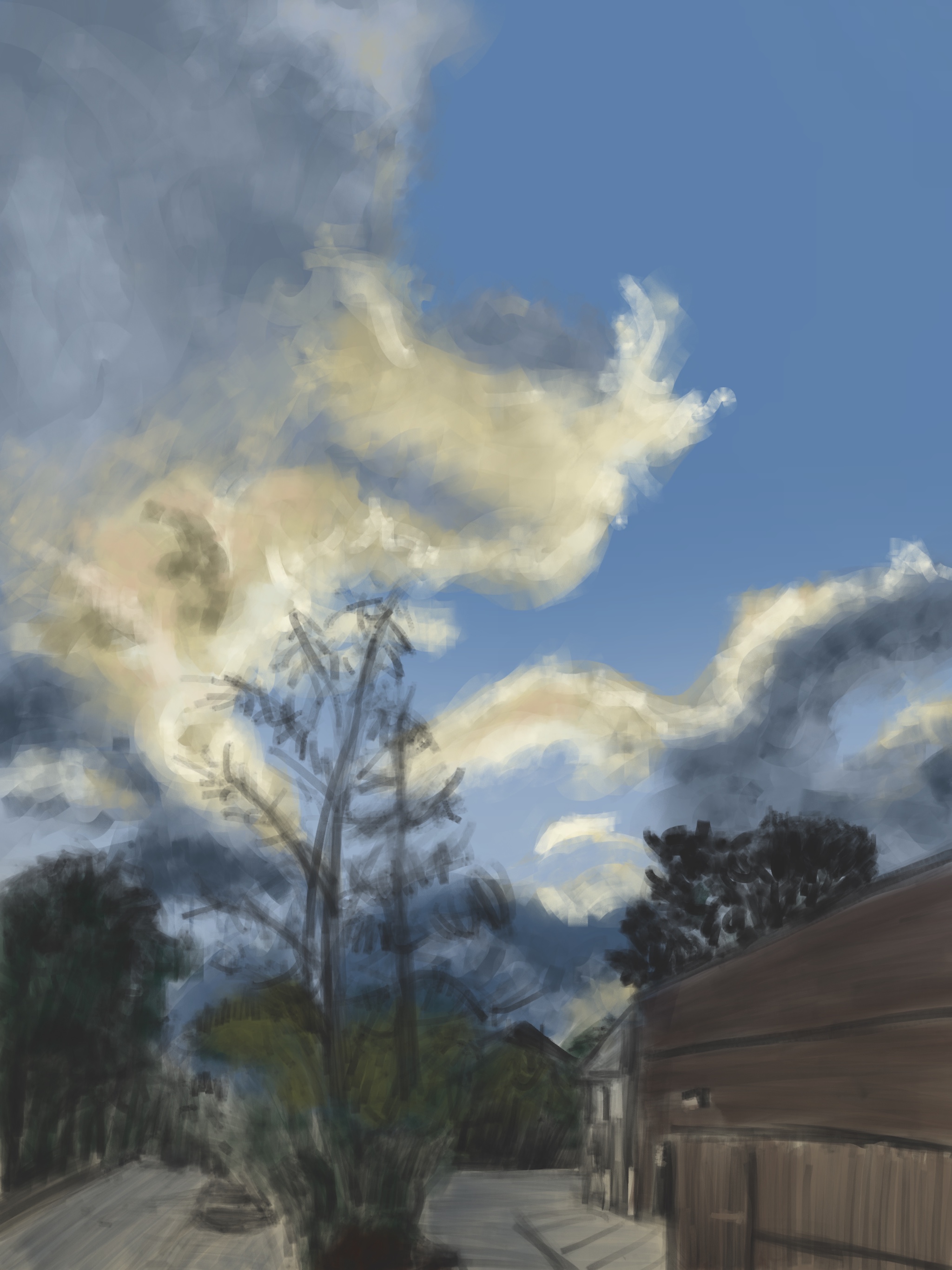 Quick painting of a street scene at sunrise, with clouds picking up an orange hue from the morning sun