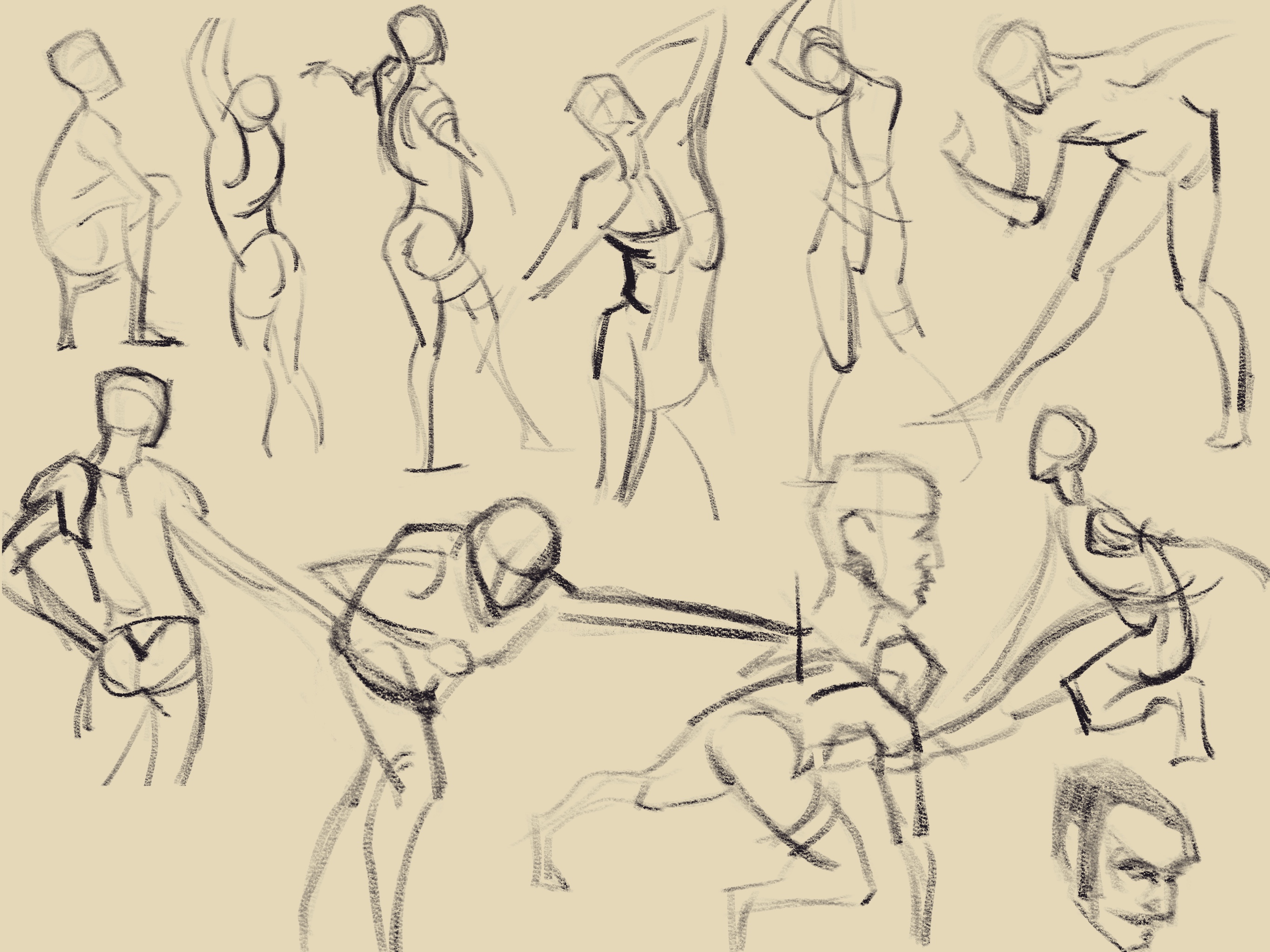 Sketched figures trying to capture the movement of a moment