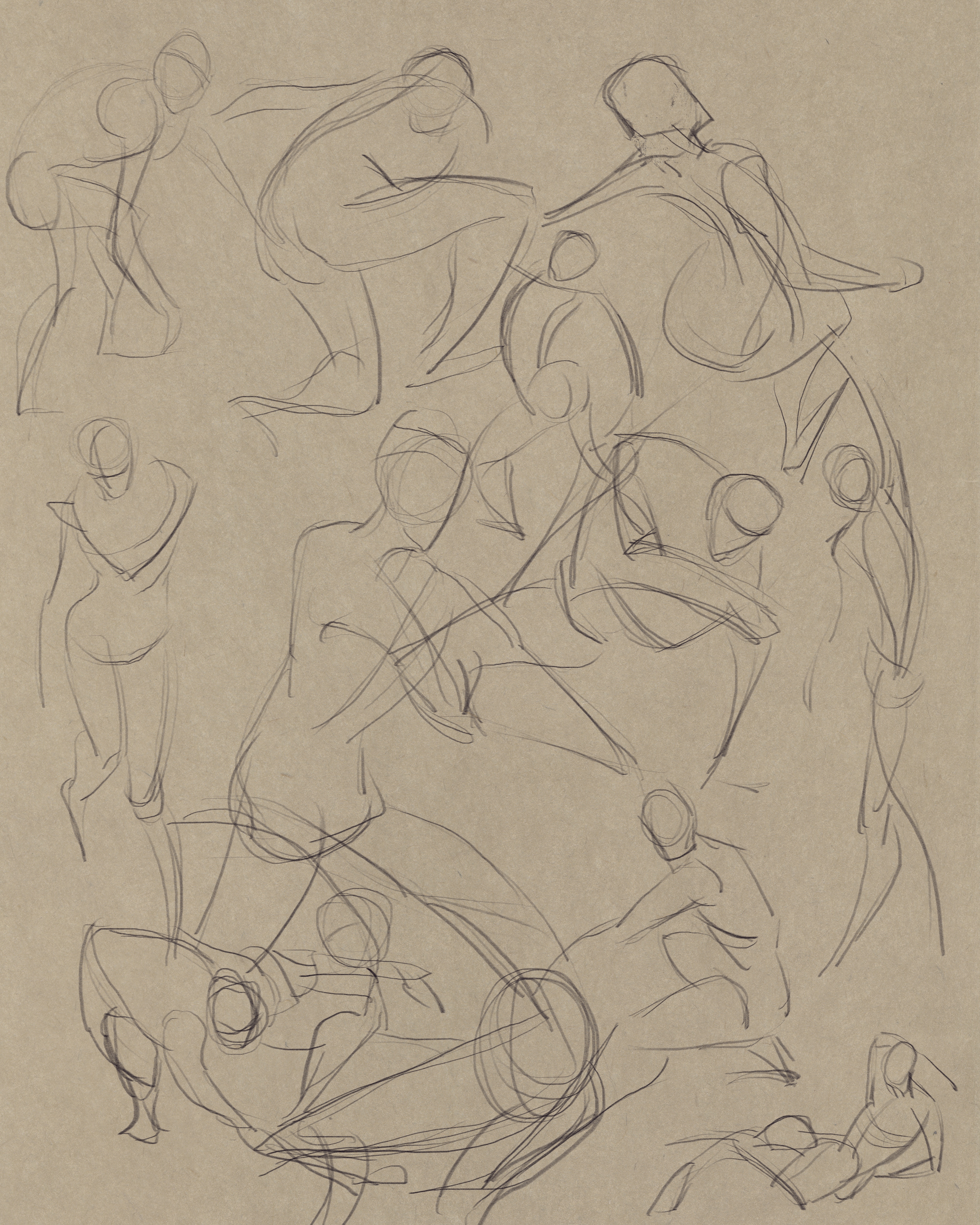 A series of more dynamic, but still very sketchy, gesture drawings