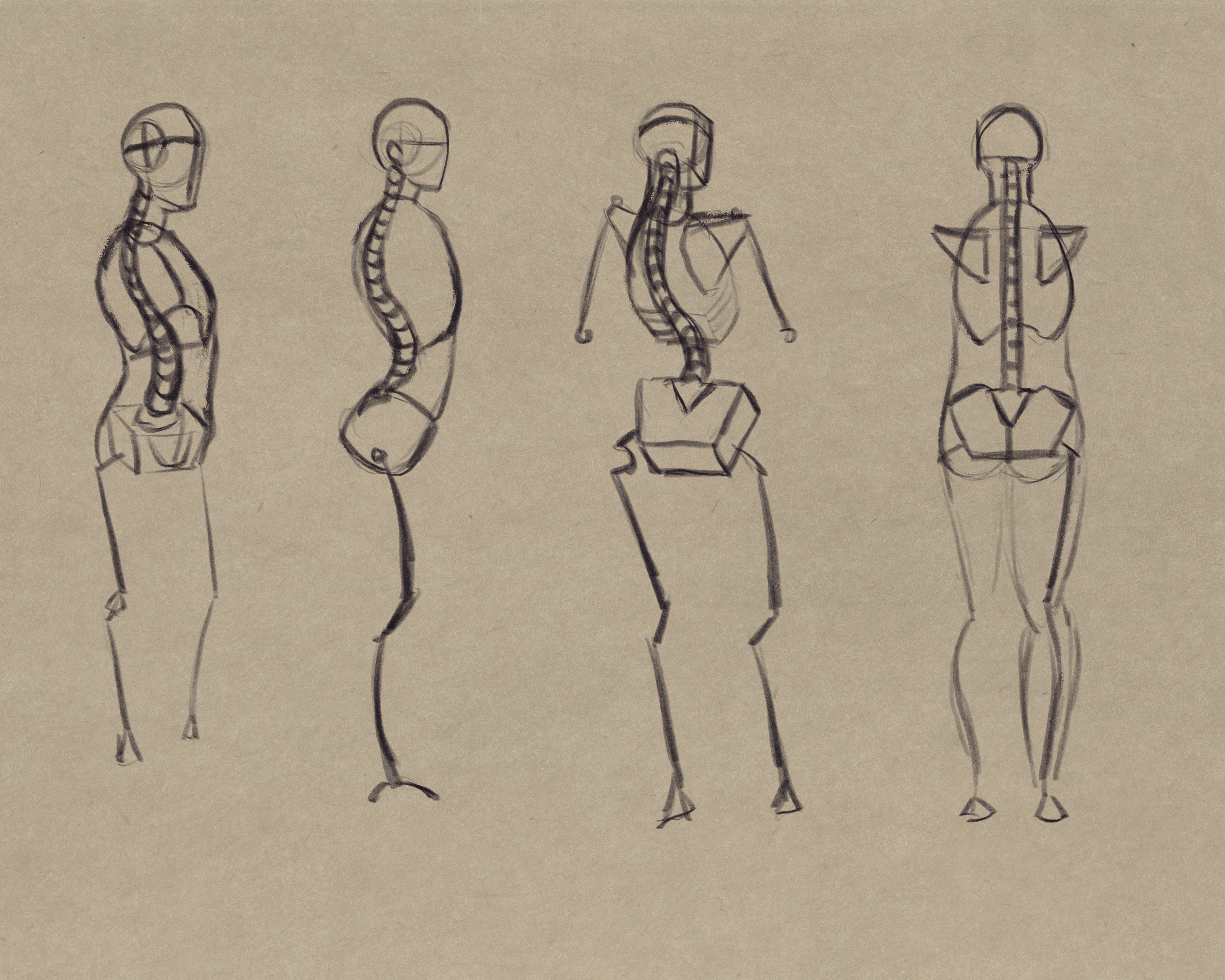 Sketchy figures with spinal cords highlighted