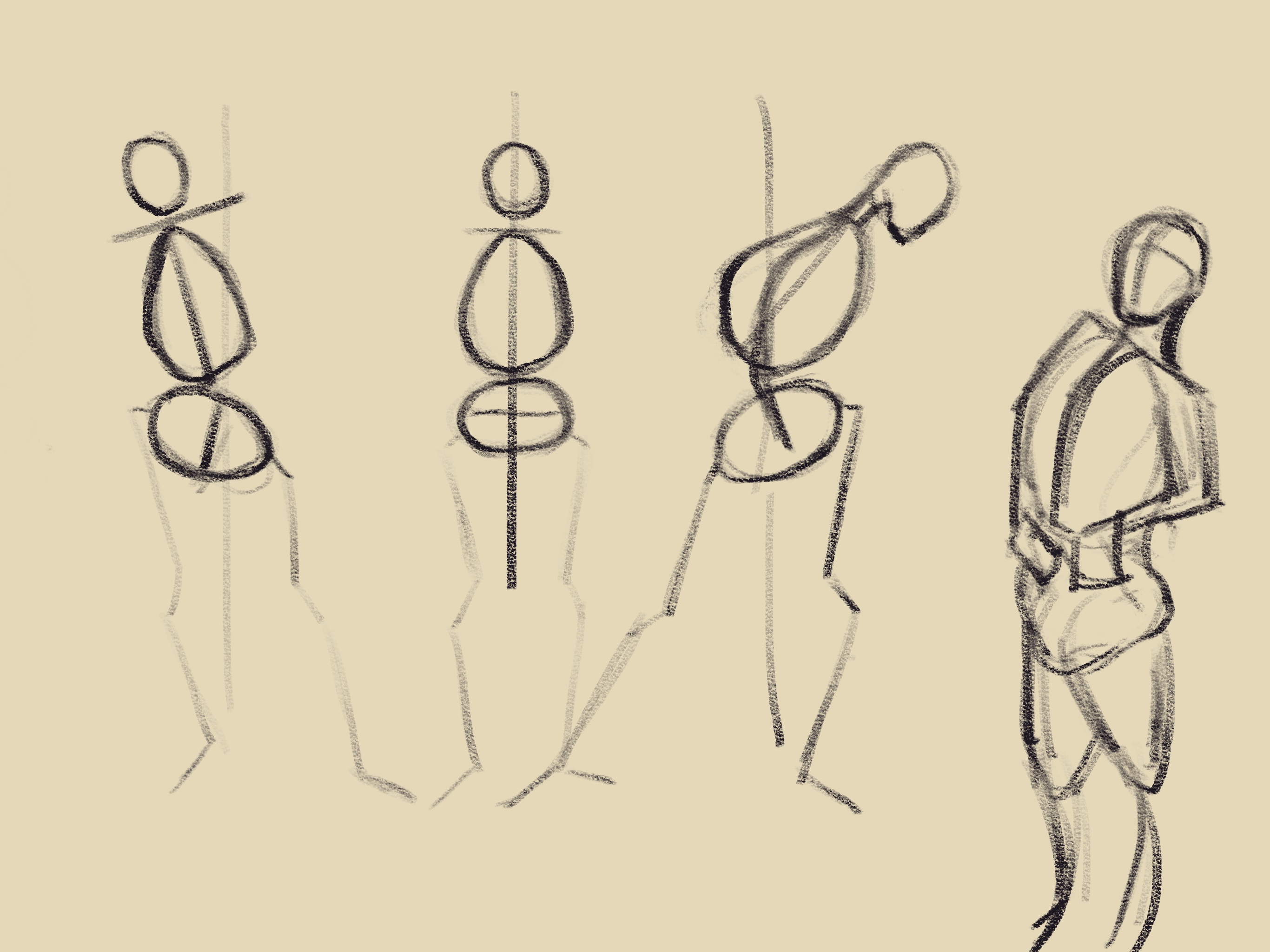 Sketched figures representing how weight skews dynamically across a center line