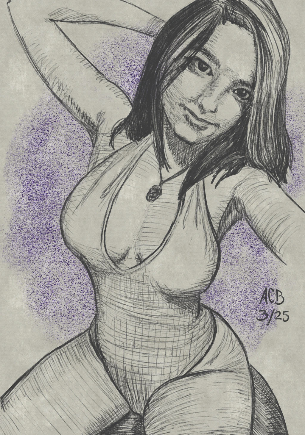 Pencil sketch of Aftyn Rose with a subtle smile as she sits atop a yoga ball wearing a bodysuit