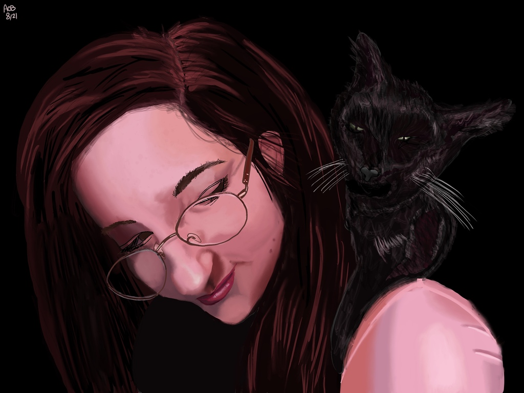 Portrait of Aftyn Rose with a black cat perched on her shoulder