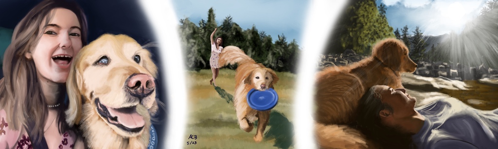 A triptych of Aftyn and her golden retriever Lyra. Both smiling in a car trip, playing frisbee, and relaxing by a dried stream