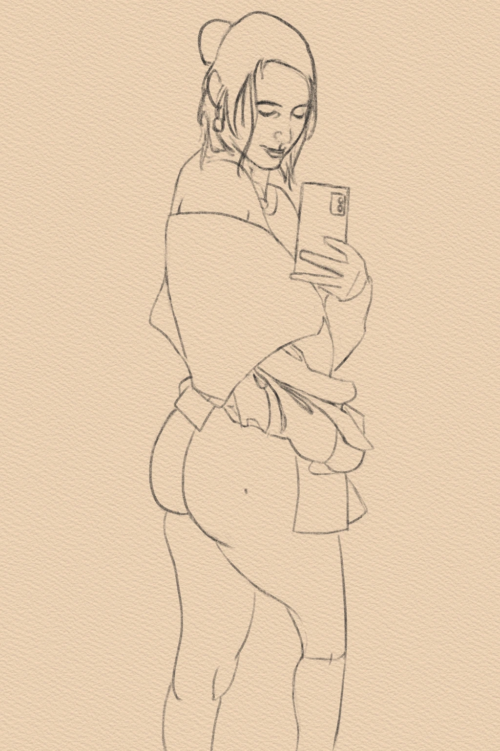 Sketch of Aftyn Rose in a sweater, lining up a selfie that shows off her butt