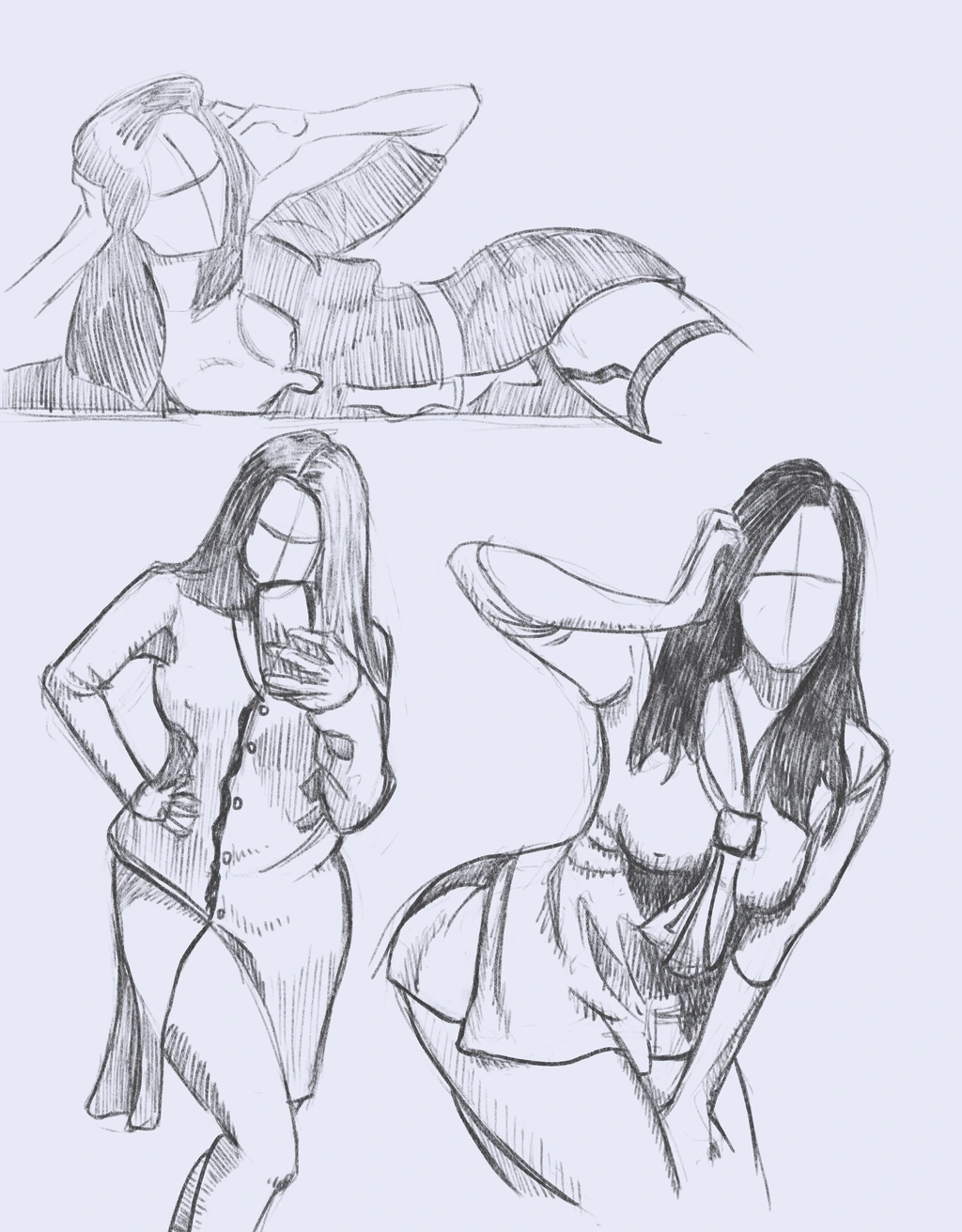 3 pencil sketches of Aftyn Rose poses