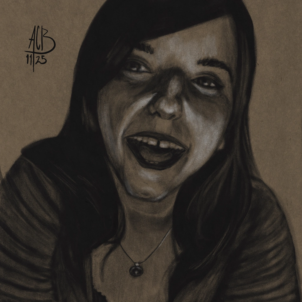 Early revision of the charcoal portrait of Aftyn Rose with a big smile