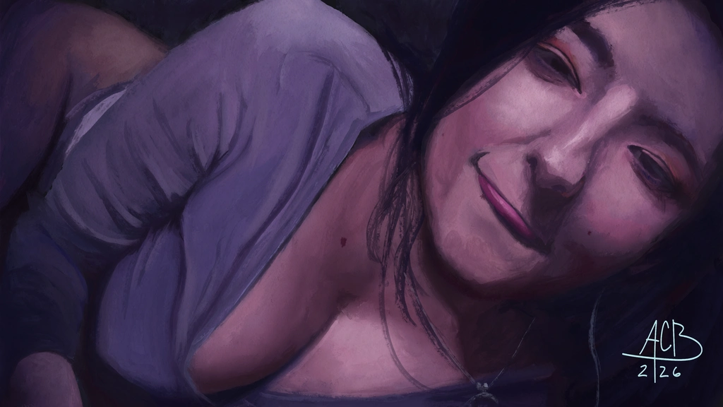 A painting of Aftyn Rose, smiling while she lies on her side, enrobed in blue hues