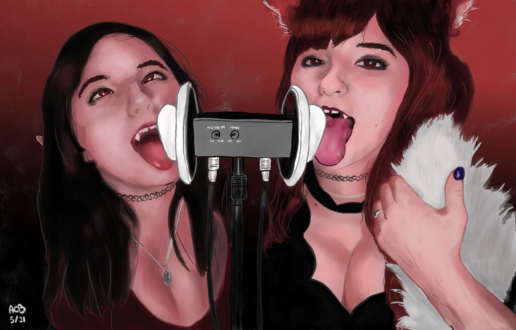 Painted portrait of two Aftyn Roses — a vampire and werewolf, both having a good time with a microphone