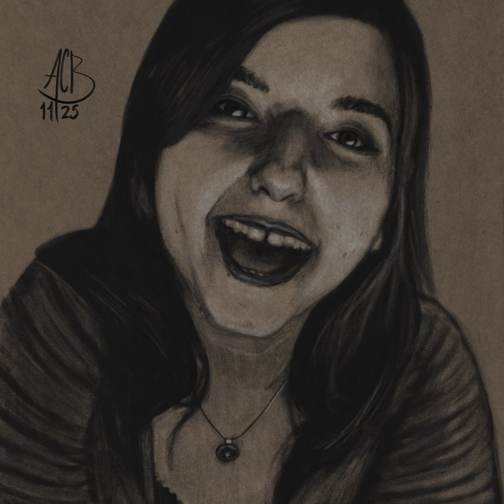 Charcoal portrait of Aftyn Rose with a big smile