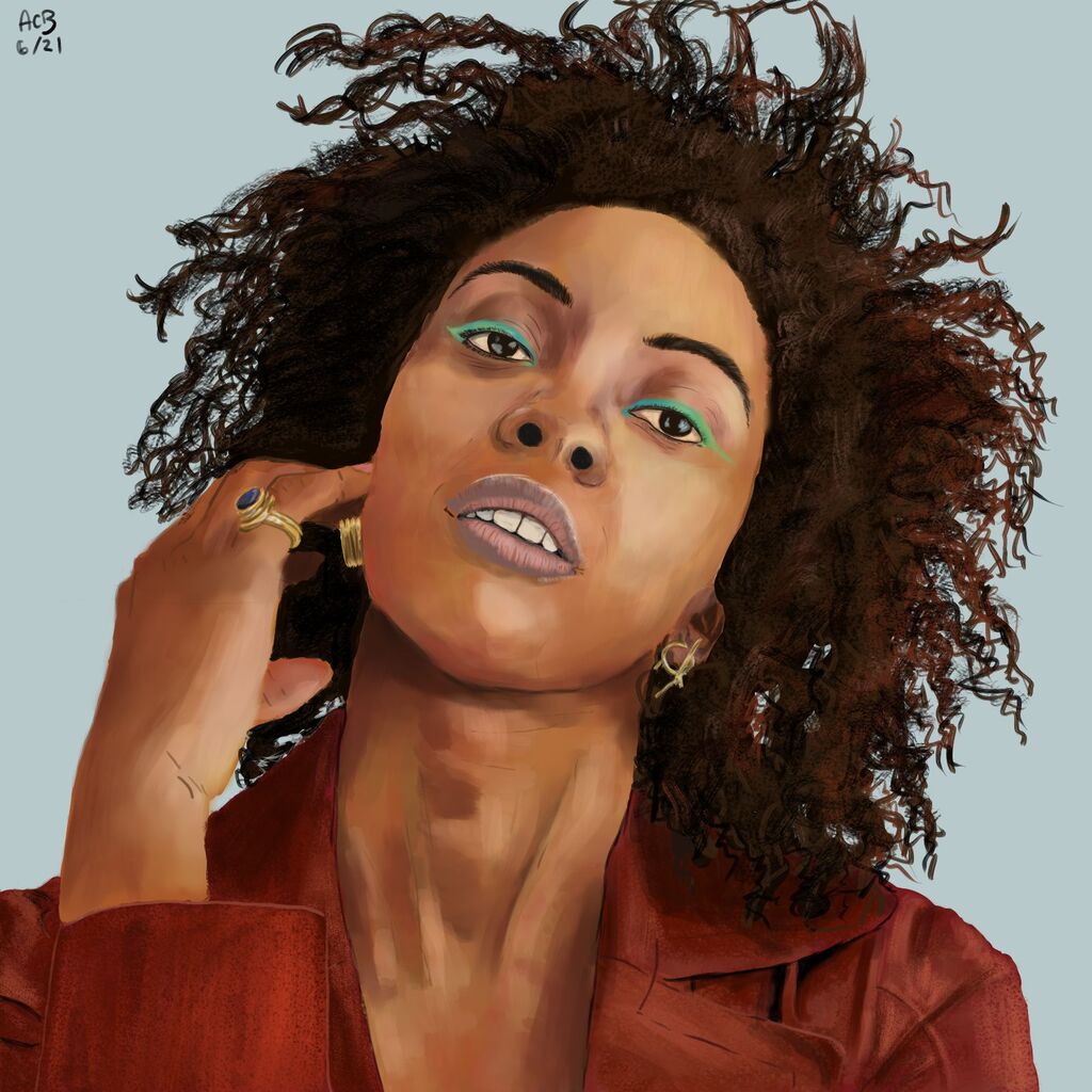 Painted portrait of actress Condola Rashad in a red suede jacket