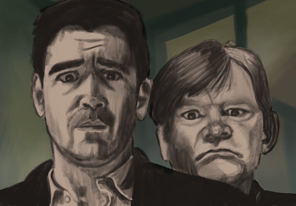 Sketch portrait of Colin Farrell and Brendan Gleeson from a scene in the movie In Bruges