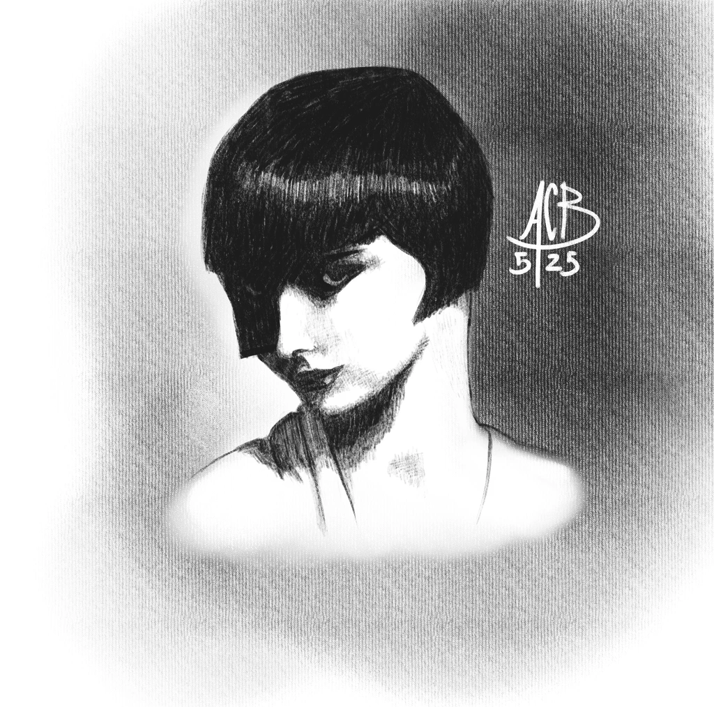 Monochrome drawing of Louise Brooks, her face half lost in shadows