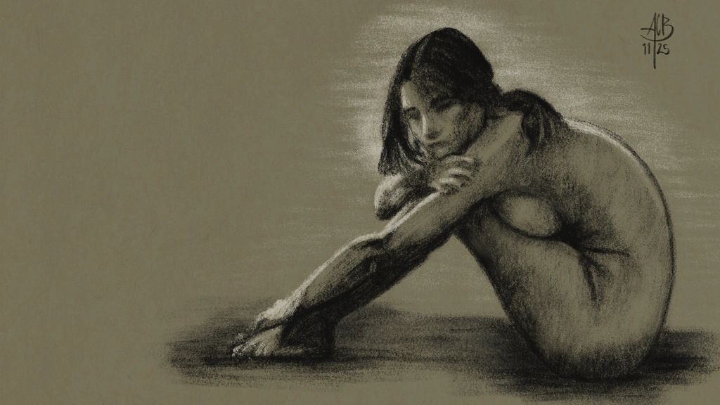 Charcoal rendering of Margot Kidder, nude, seated, clutching her legs to her chest