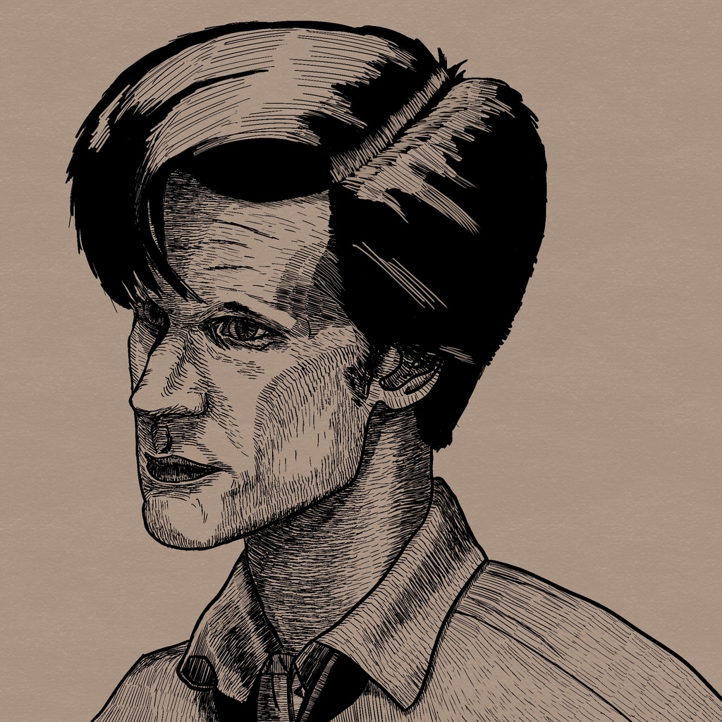 Ink drawing of actor Matt Smith looking dark