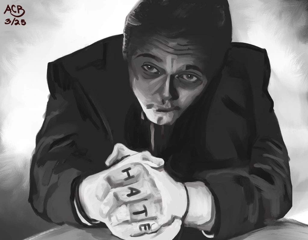 Monochrome painting of Robert Mitchum brandishing knuckle tattoos saying “H-A-T-E” from the movie Night of the Hunter