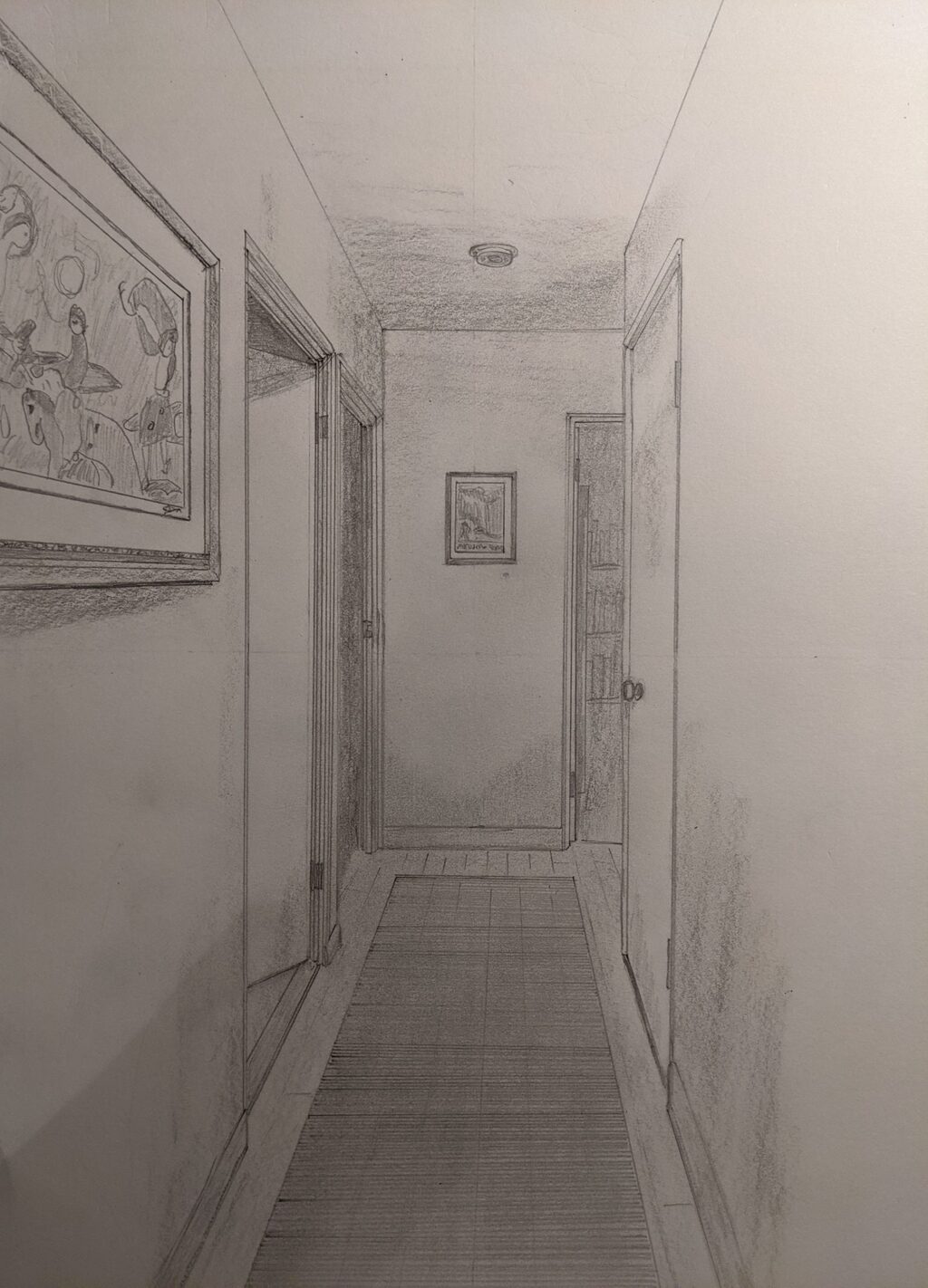 Pencil drawing of a short hallway