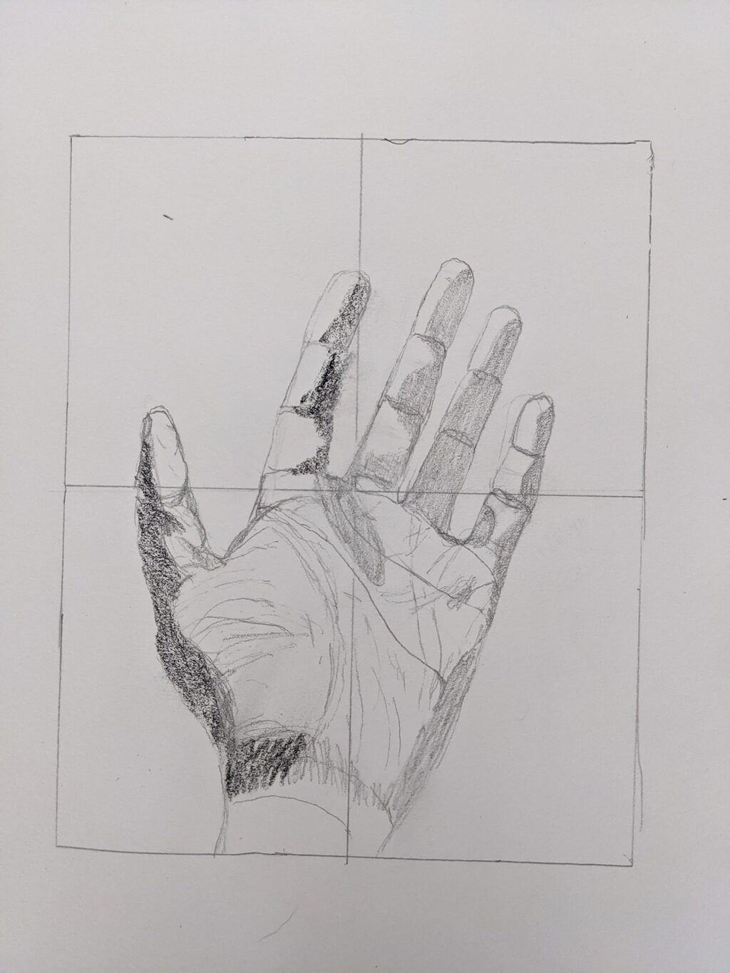 Pencil drawing of my hand in a 4 quadrant grid