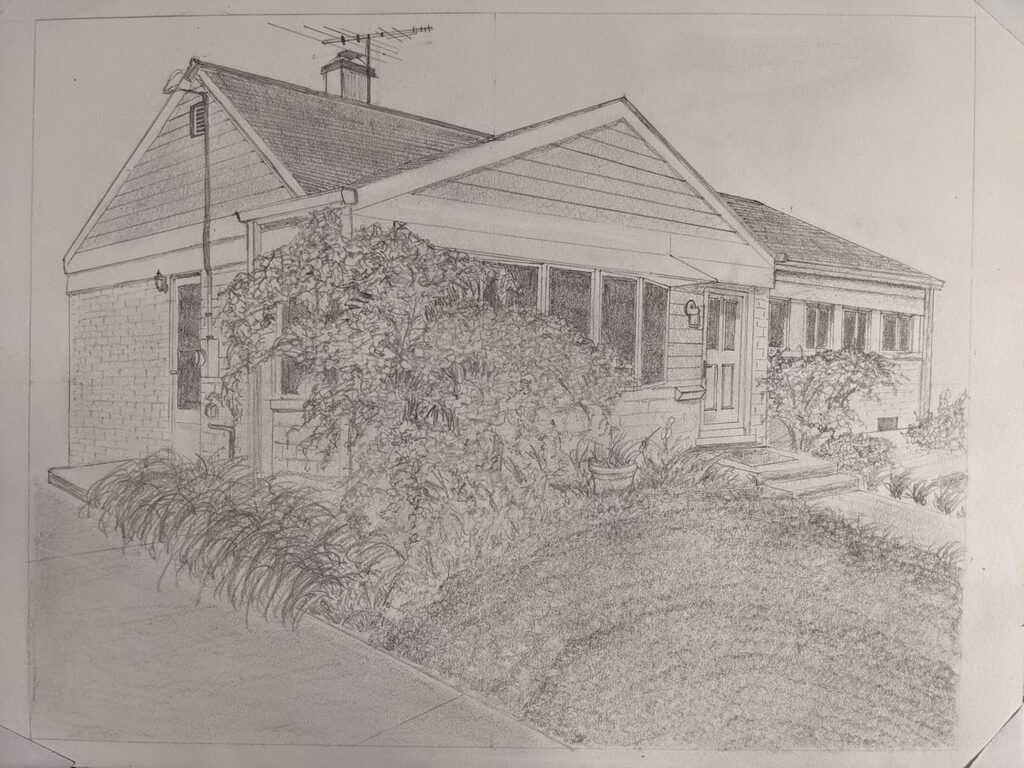 Pencil drawing of a single story home