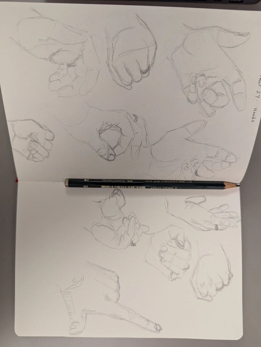 11 pencil drawings of left hands