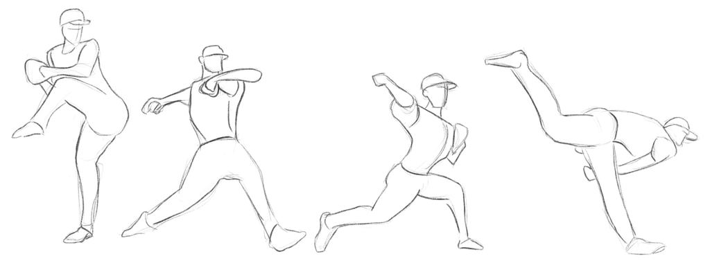 4 gesture drawings of the steps of a baseball pitcher in action