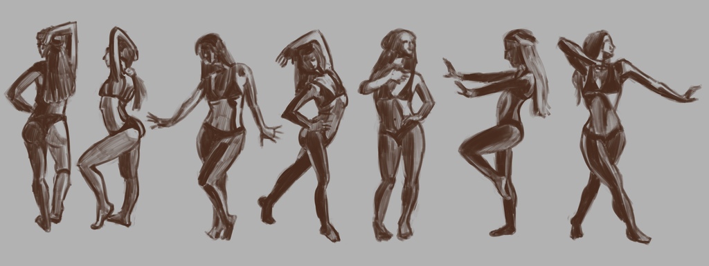 7 monochrome figure studies of a woman in a variety of poses