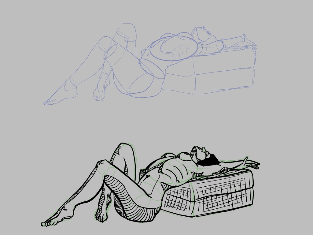 Figure study of a nude woman leaning back against some cushions