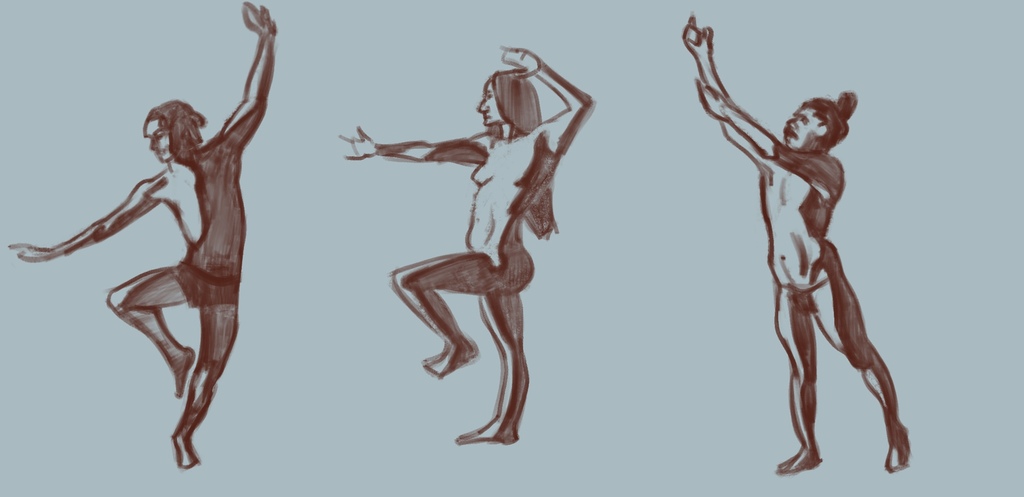 Three figure drawings of people balanced on a single foot