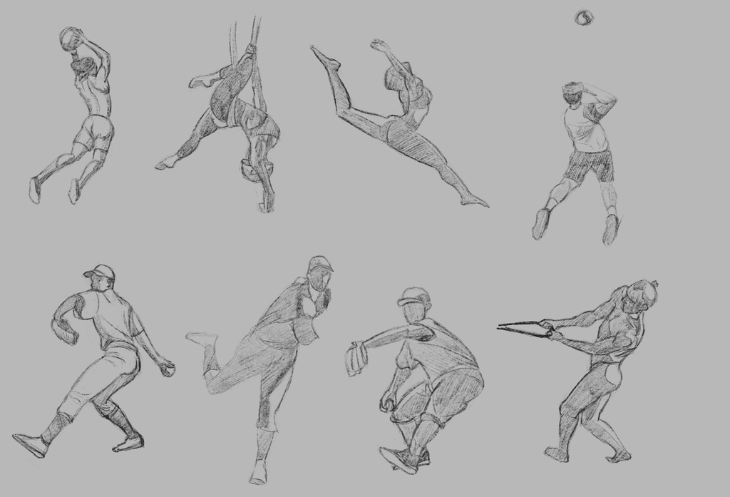 8 pencil drawings of people in action, dancing, playing ball, pulling