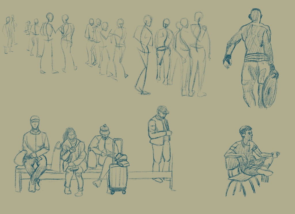 Many figures drawn in relaxed poses, such as waiting for public transportation