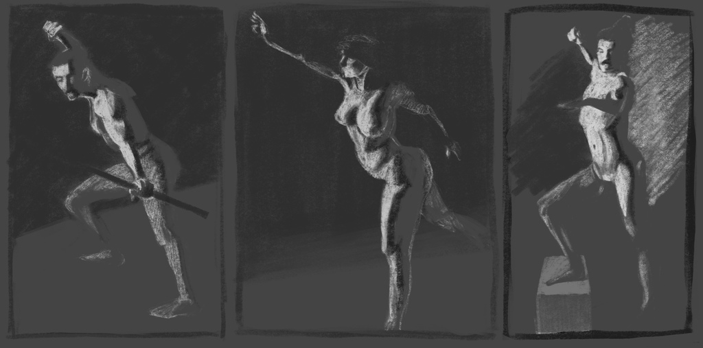 3 figure drawings rendered in charcoal monochrome, with emphasis on light and dark