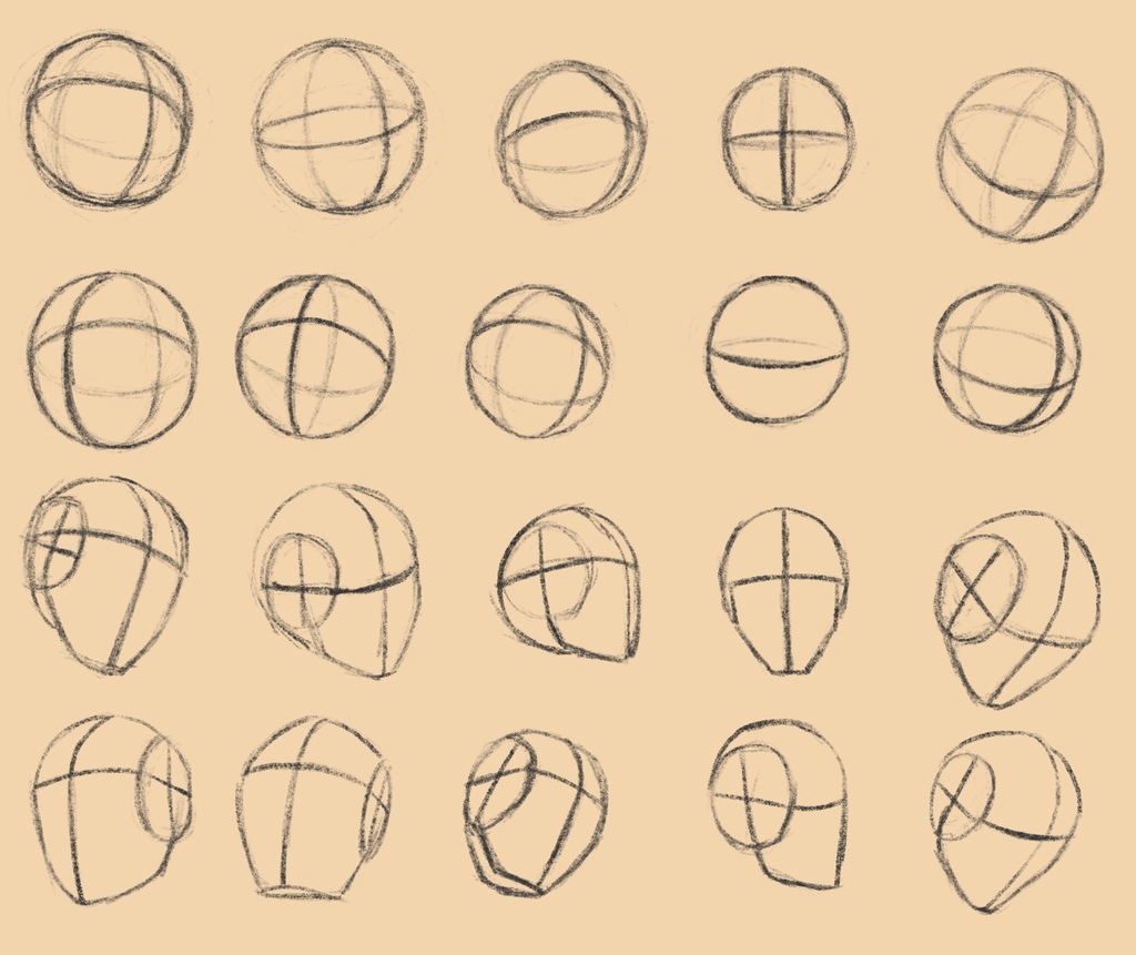 10 drawings of spheres with equatorial bands describing the center line and brow ridge of a face. Then 10 basic Loomis heads based on those spheres