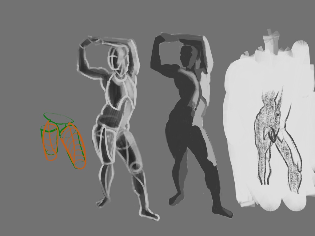 Figure study focusing on hips and thighs in 4 forms. A contour diagram, then that expanded into a whole figure, a value shaded figure, then a simplified pencil shading of the trunk