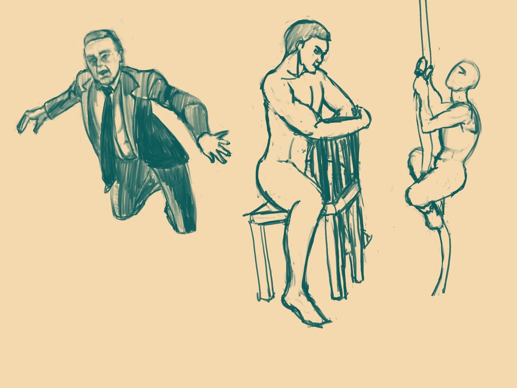 Three sketched figures. Christopher Walken from Weapon of choice, a guy sitting backward on a chair, and a guy climbing a rope