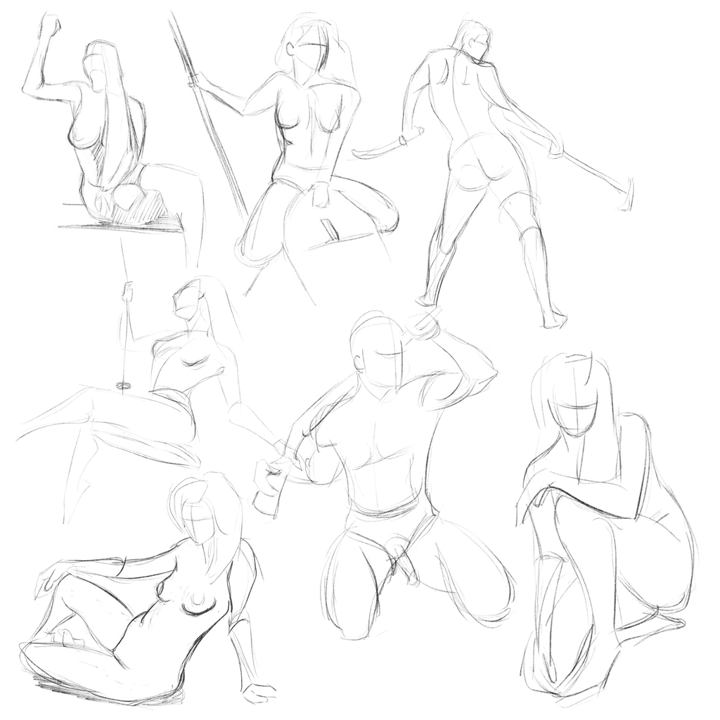 Seven gesture drawings based on photographs