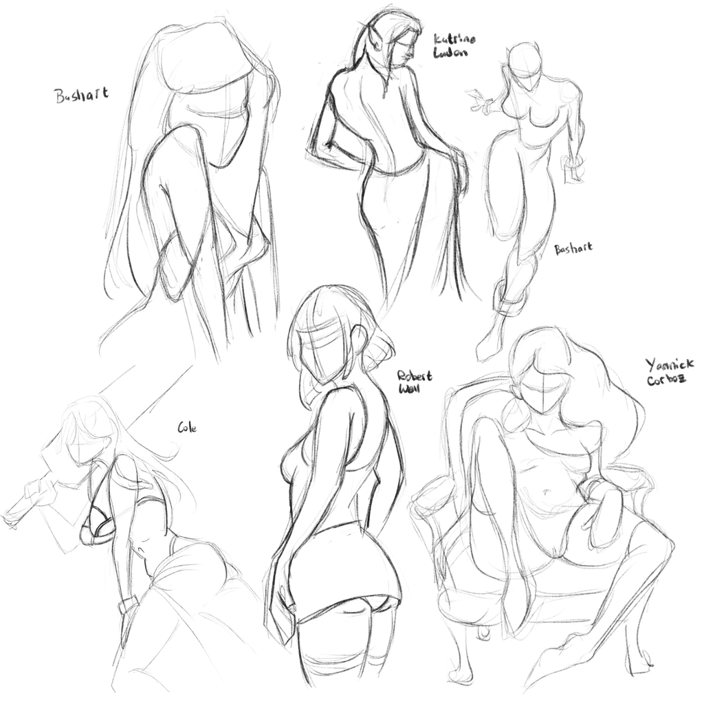 Six gesture drawings based on other drawings