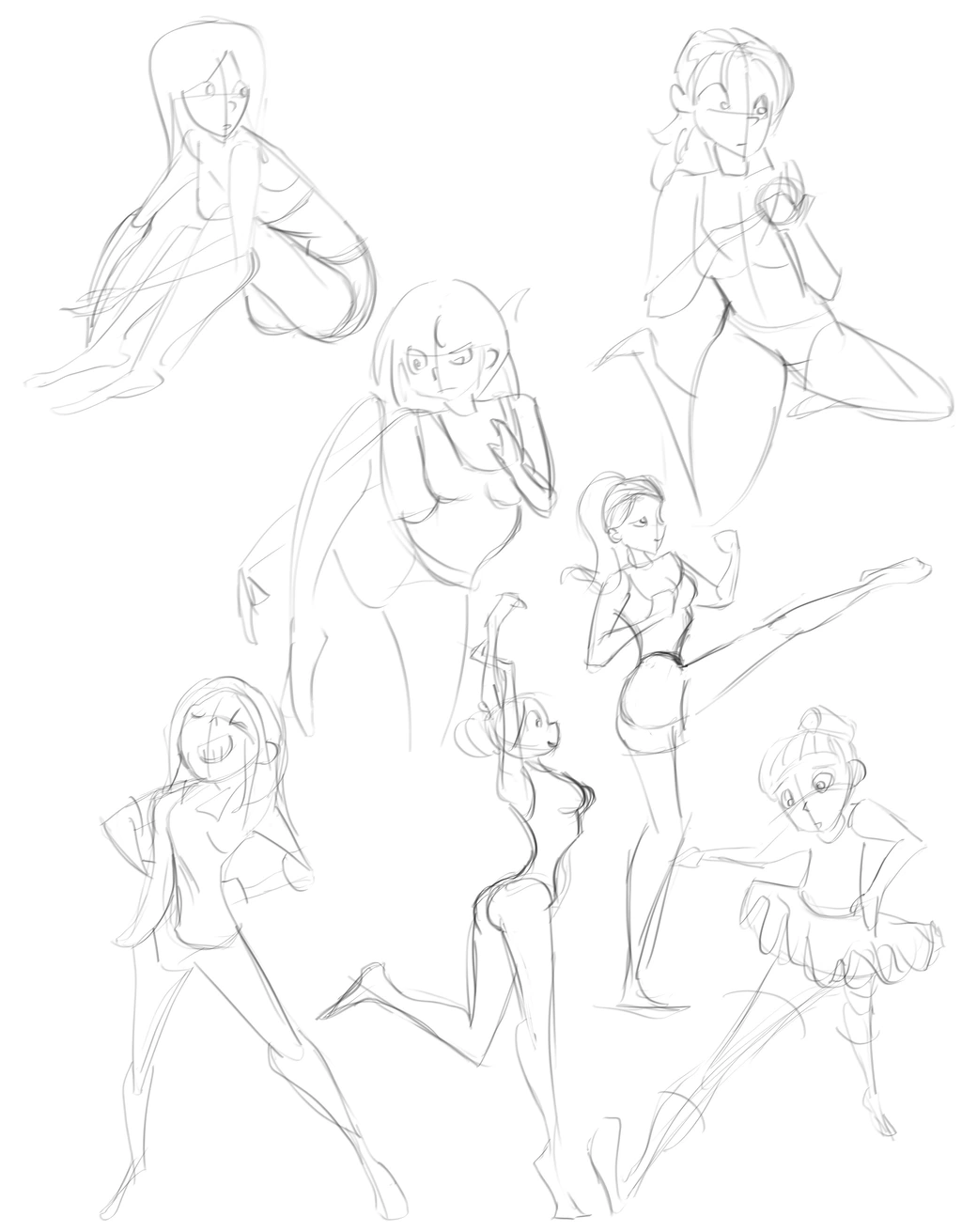Seven cartoon-y gesture drawings based on the work of Chromasketch