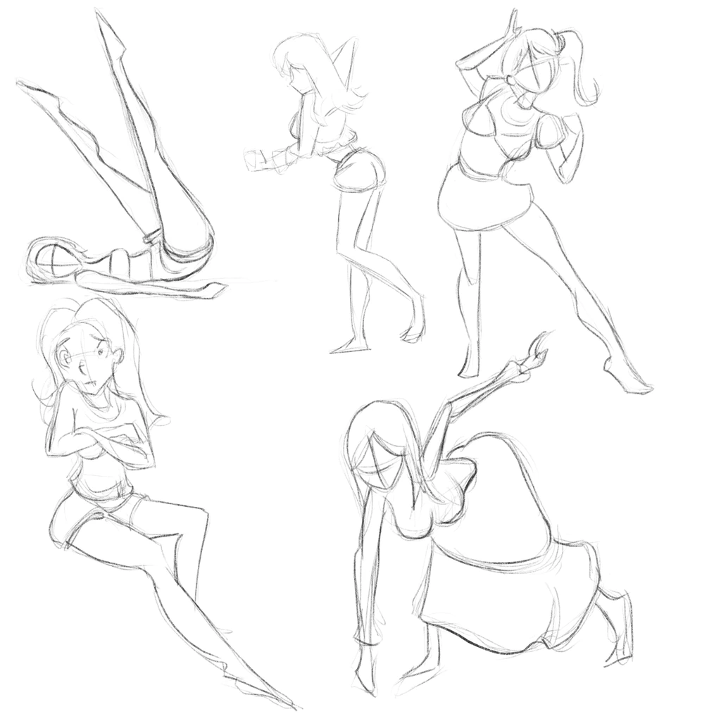 Five cartoon-y gesture drawings based on the work of Chromasketch