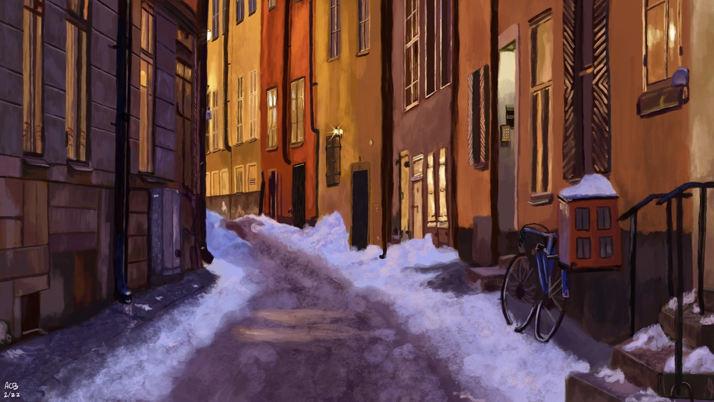 Painting of a colorful street scene in Gamla Stan