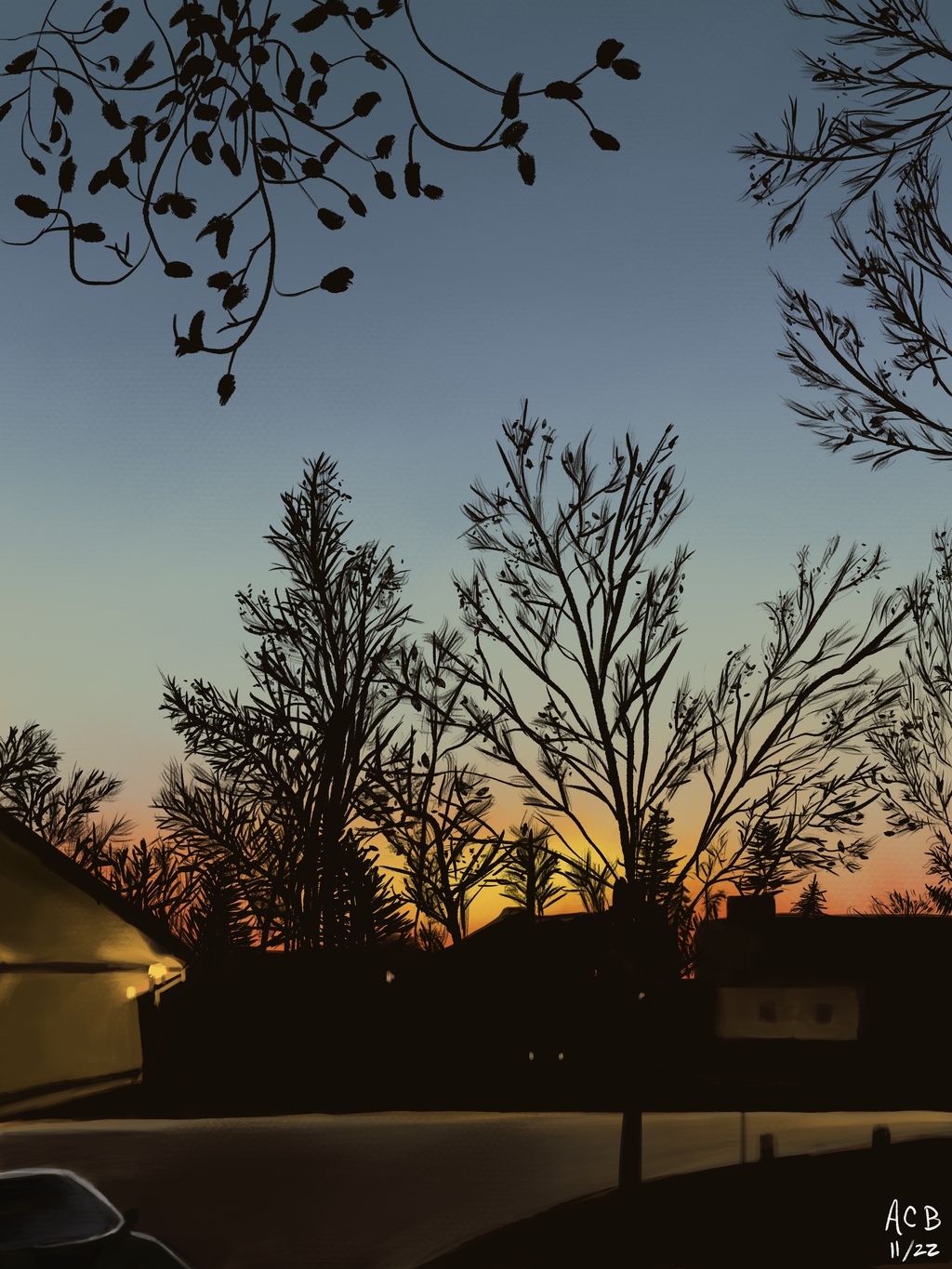 Painting of a sunset falling across suburban houses