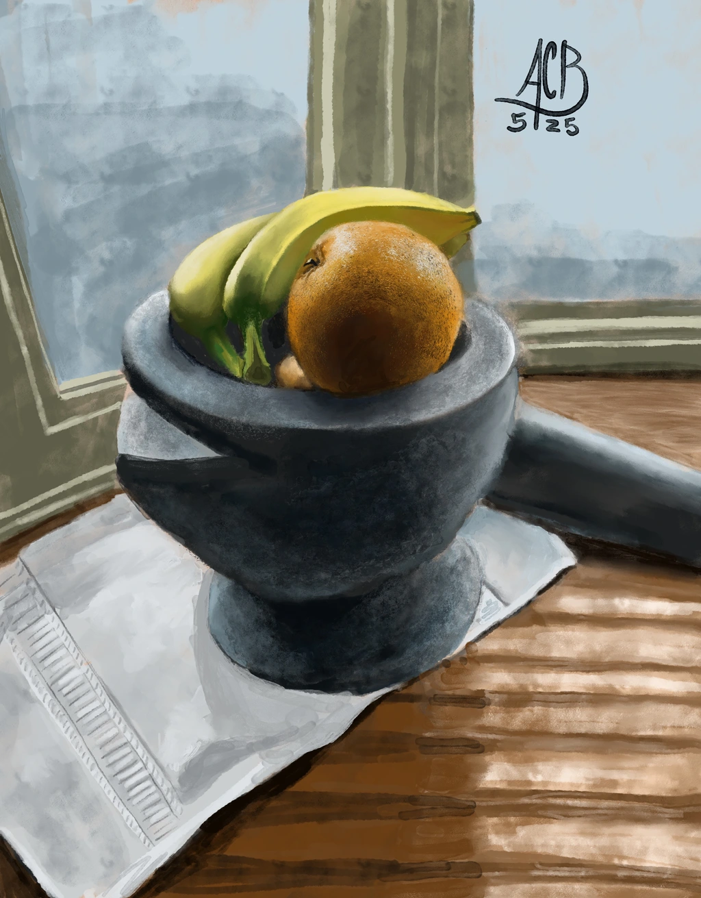 Still life painting in watercolor representing a dark stone mortar and pestle filled with oranges and bananas
