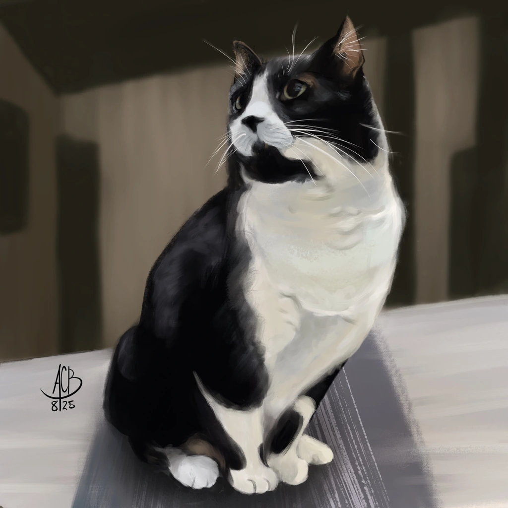 Painted portrait of tuxedo cat Nibbler, sitting on a table, looking regal as he tilts his head up and to the left