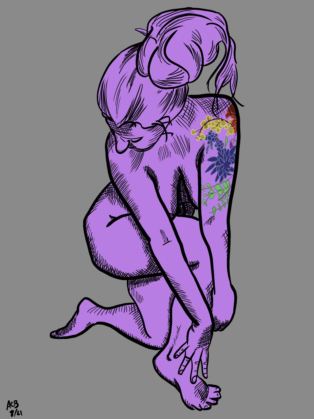 Sketch of a lady with a turned inward pose, rendered in purple