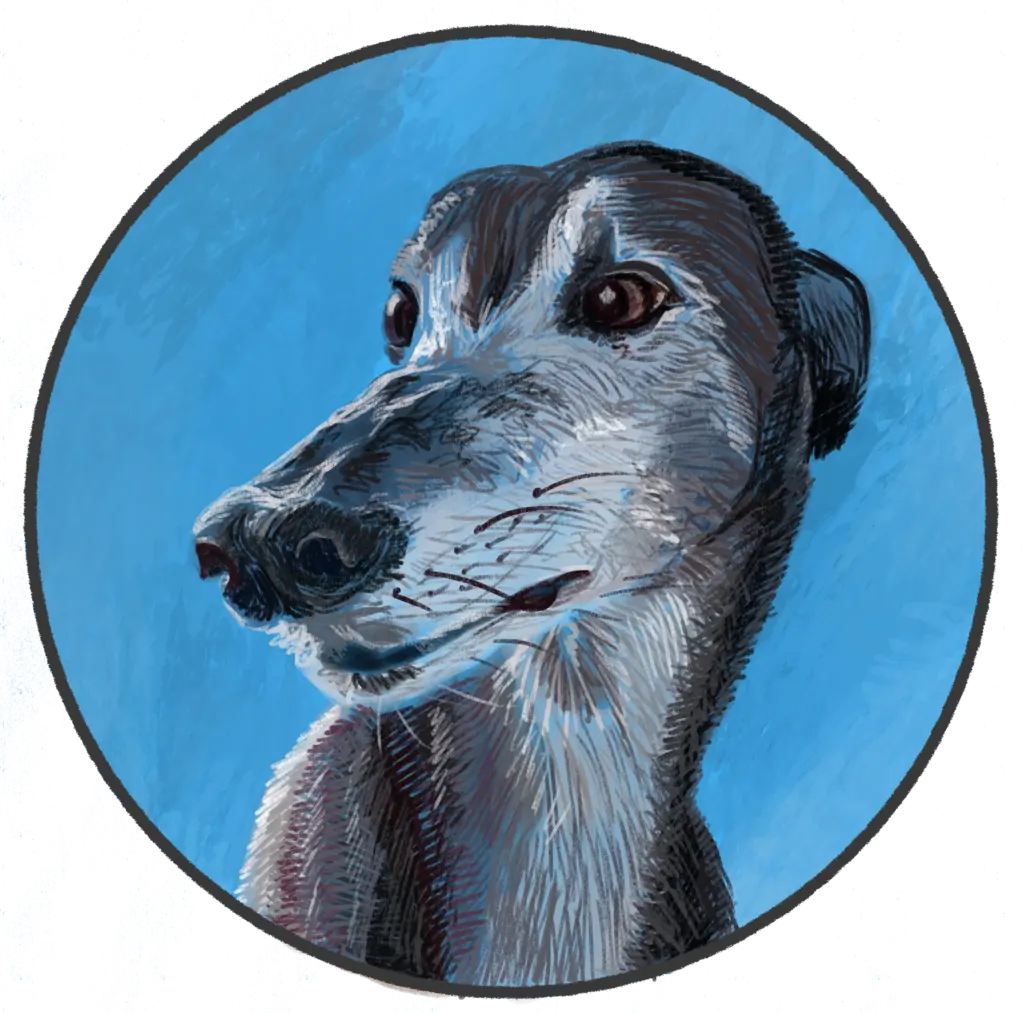 A drawing of Riley, a former racing greyhound, done in colored pencils over watercolor, against a blue sky